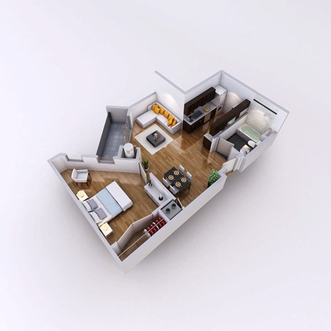 A 3D floor plan of a small apartment with a kitchen, living room, and bathroom.